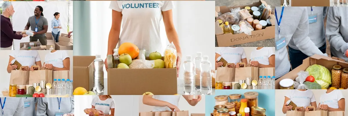 Volunteers sorting and packing food donations at a UK food bank Volunteers sorting and packing food donations at a UK food bank